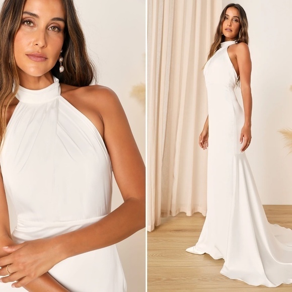 LULU's Bridal Elegant Satin Backless Classy High Neck Mermaid Trumpet Maxi Gown - Picture 3 of 3